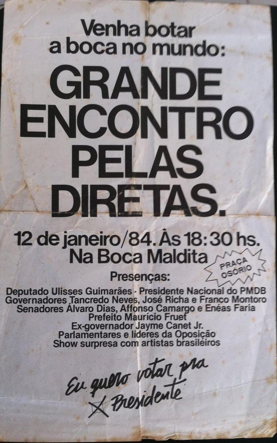 Cartaz do comício pelas diretas já, em Curitiba.