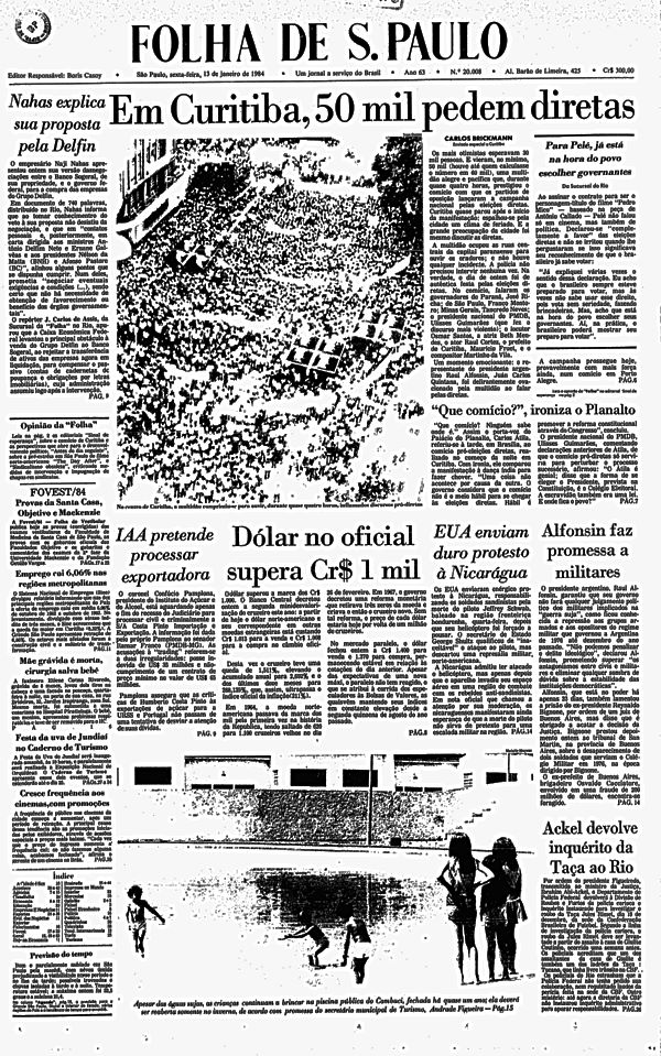 Capa do jornal Folha de S.Paulo de 13 de janeiro de 1984 (Divulgação)